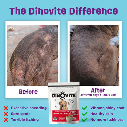 Dinovite Probiotic Supplement for Dogs, Omega 3, Hot Spot Relief, Skin & Coat Supplement, 90 Day Supply for Large Dogs