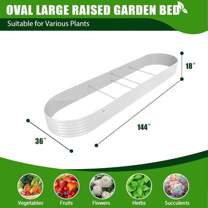 A ANLEOLIFE 12X3X1.5 ft Galvanized Raised Garden Beds Outdoor, Oval Extra Large Metal Planter Box for Planting Vegetables Flowers Herb, Anti-Rust & Easy-Setup, Antique White