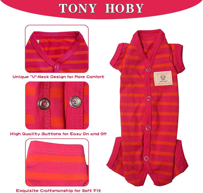 TONY HOBY Dog Pajamas, Female/Male Dog 4 Legged Pajamas, Soft Cotton Dogs Jumpsuit with Stripes (Rose Red&Orange, Girl, M)