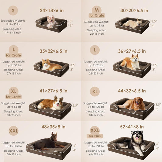 EHEYCIGA Orthopedic Dog Beds for Extra Large Dogs, Waterproof Memory Foam XXL Dog Bed with Sides, Non-Slip Bottom and Egg-Crate Foam Big Pet Couch Bed with Washable Removable Cover, Brown