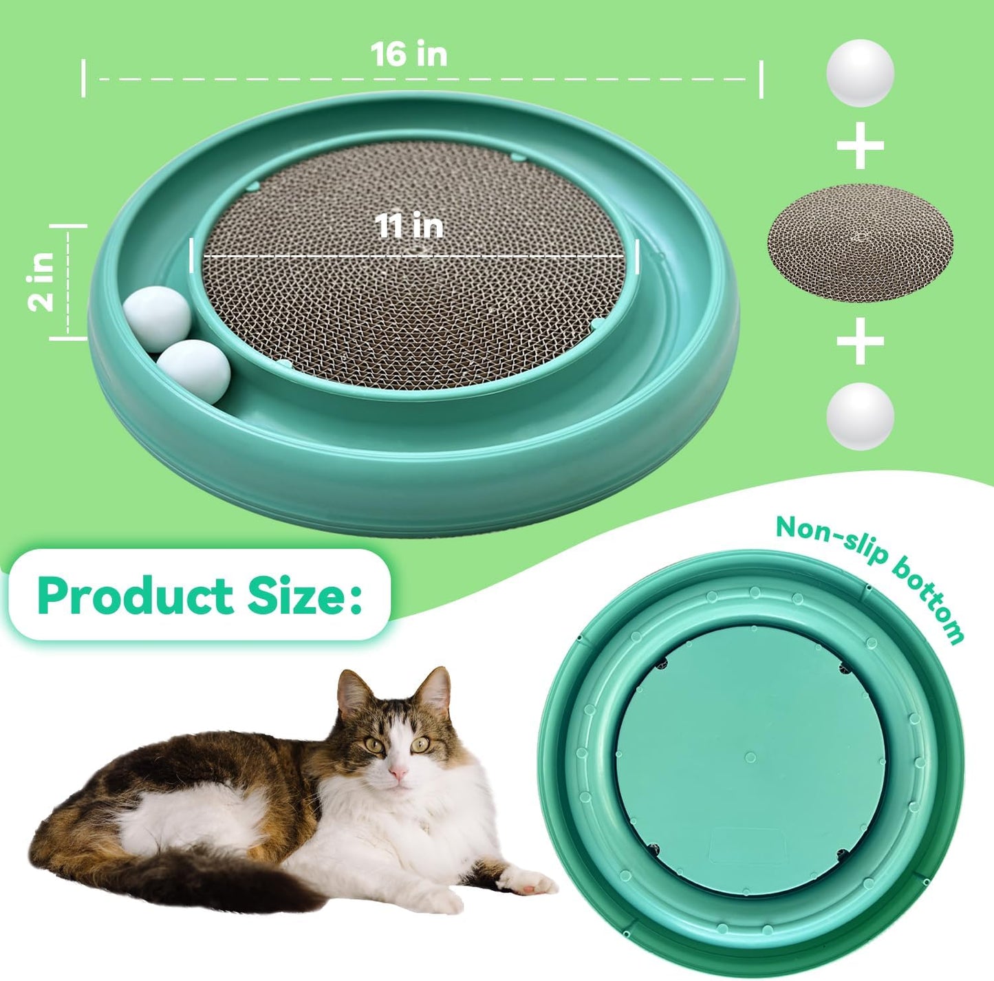 Interactive Cat Ball Track Toy for Indoor Cats, Cat Scratching Board & Exercise Set for Bored Indoor Adult and Kitten Mental & Physical Stimulation, with Spare Ball to Prevent Loss (Green)