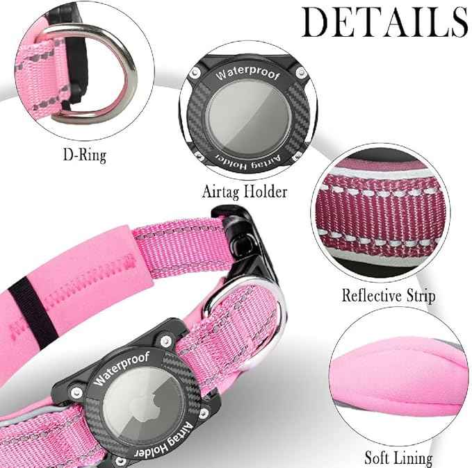 Upgraded AirTag Dog Collar, IP68 Waterproof Dog Collar with Apple Air Tag Holder, Reflective Adjustable Heavy Duty Dog Collars with Soft Padded for Small, Medium and Large Dogs,Pink, XL