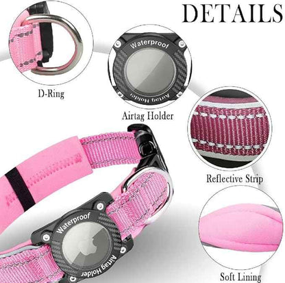 Upgraded AirTag Dog Collar, IP68 Waterproof Dog Collar with Apple Air Tag Holder, Reflective Adjustable Heavy Duty Dog Collars with Soft Padded for Small, Medium and Large Dogs,Pink, S