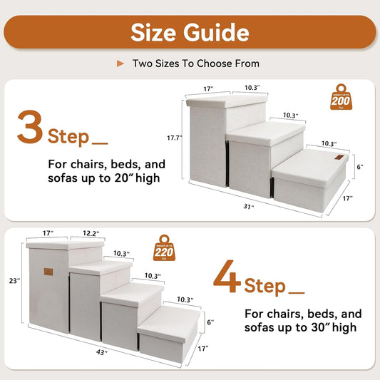 Dog Stairs with Storage 18" H, 3-Step Wider Dog Steps for Small/Medium/Large Old Dogs Cats, Folding Sturdy Pet Stairs Climbing Bed or Couch, Ramp for Car Up to 200 lbs (Beige, No Condo)