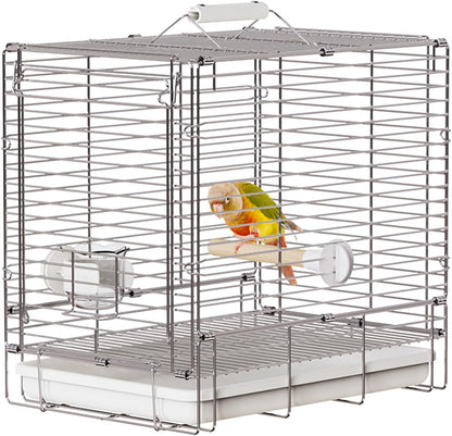 Bird Carrier Travel Cage - 304 Stainless Steel Portable Folding Bird Travel Cage with Parrot Feeder Cups & Standing Perch for Smaller Birds Conures Lovebird Cockatiel Parakeets (White)