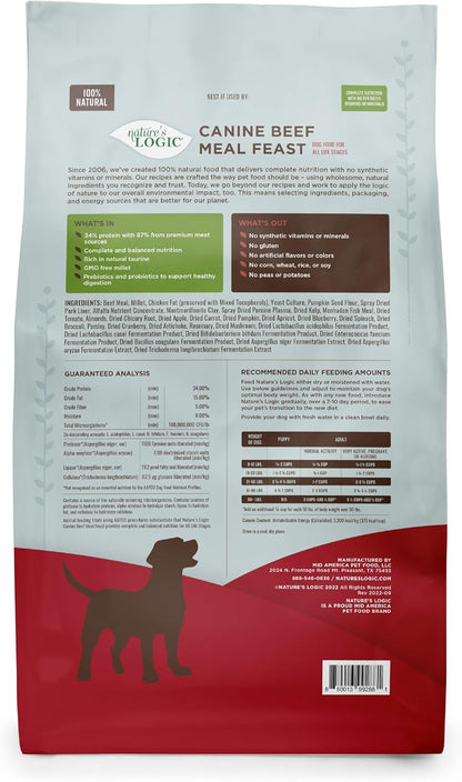 NATURE'S LOGIC Dry Dog Food - 100% Natural - No Synthetics - for All Ages, Sizes, Breeds - Free from Common Allergens, High Protein - Beef Meal Feast, 25lbs