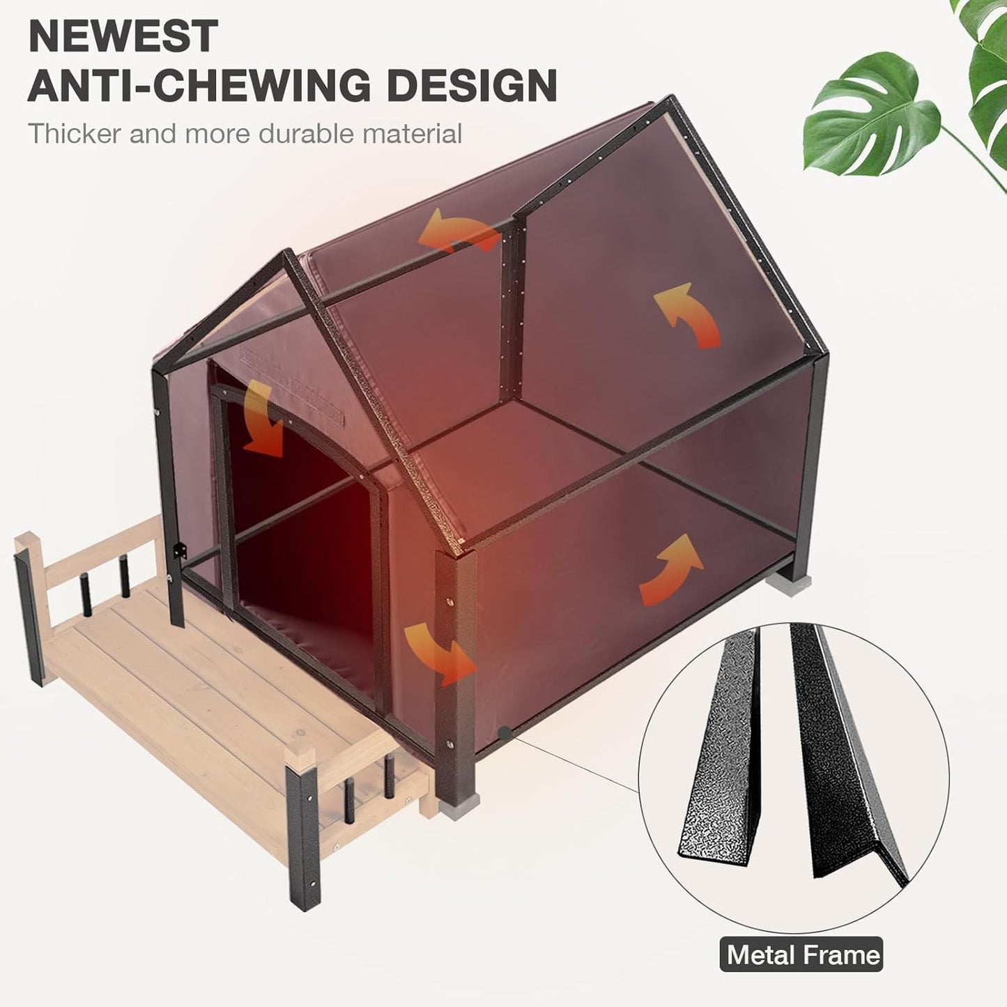 Dog House with Insulated Liner Outdoor Indoor All-Around Iron Frame Design Dog House with Porch＆Raised Feet for Small Medium Large Dogs（Brown）