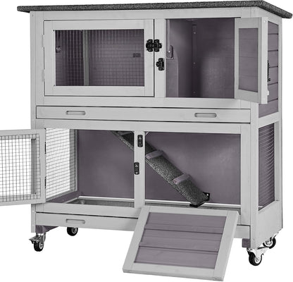 Aivituvin Rabbit Hutch Indoor Bunny Cage Outdoor 2 Story Pet House Guinea Pig Cage on Wheels 36"