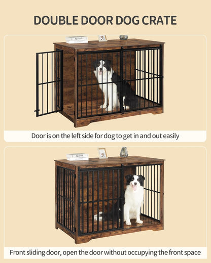 XXL Large Dog Crate Furniture, 46.9" Indoor Dog Kennel Furniture with Barn Door, Wooden Tall Dog Crate, Heavy Duty Dog Cage for Large Dogs, Side End Table, Anti-Chew, Rustic Brown DFC83801B