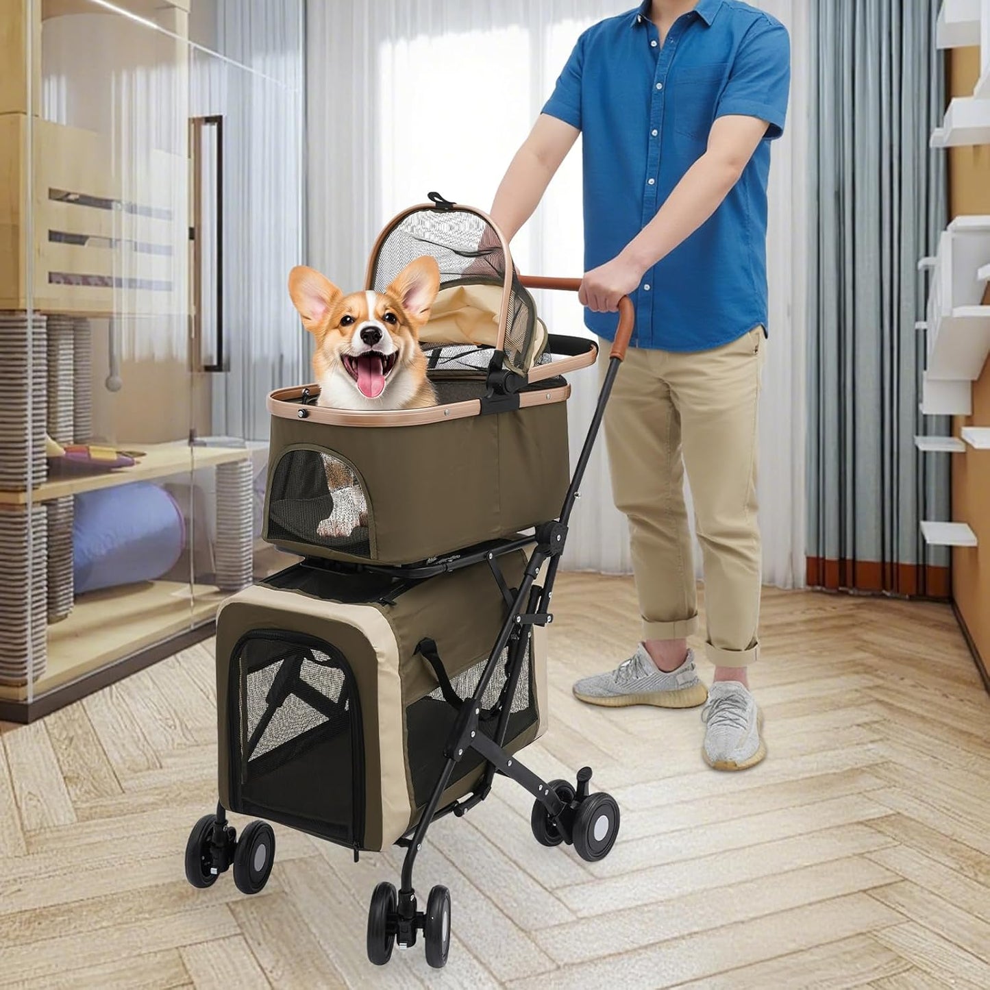 Double Pet Stroller for Dogs and Cats, Foldable Dog Stroller Travel Carriage with Detachable Carriers, Safety Belts, and 4 Lockable Wheels for Small to Medium Pets (Dark Green) - Pawvie