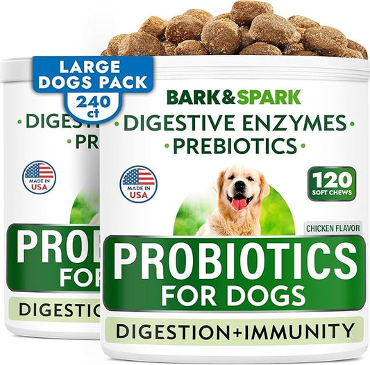 BARK&SPARK Dog Probiotics & Digestive Enzymes (Gut Health) Allergy & Itchy Skin - Pet Diarrhea Gas Treatment Upset Stomach Relief, Digestion Health Prebiotic Supplement Dog Treats (240Ct Chicken)