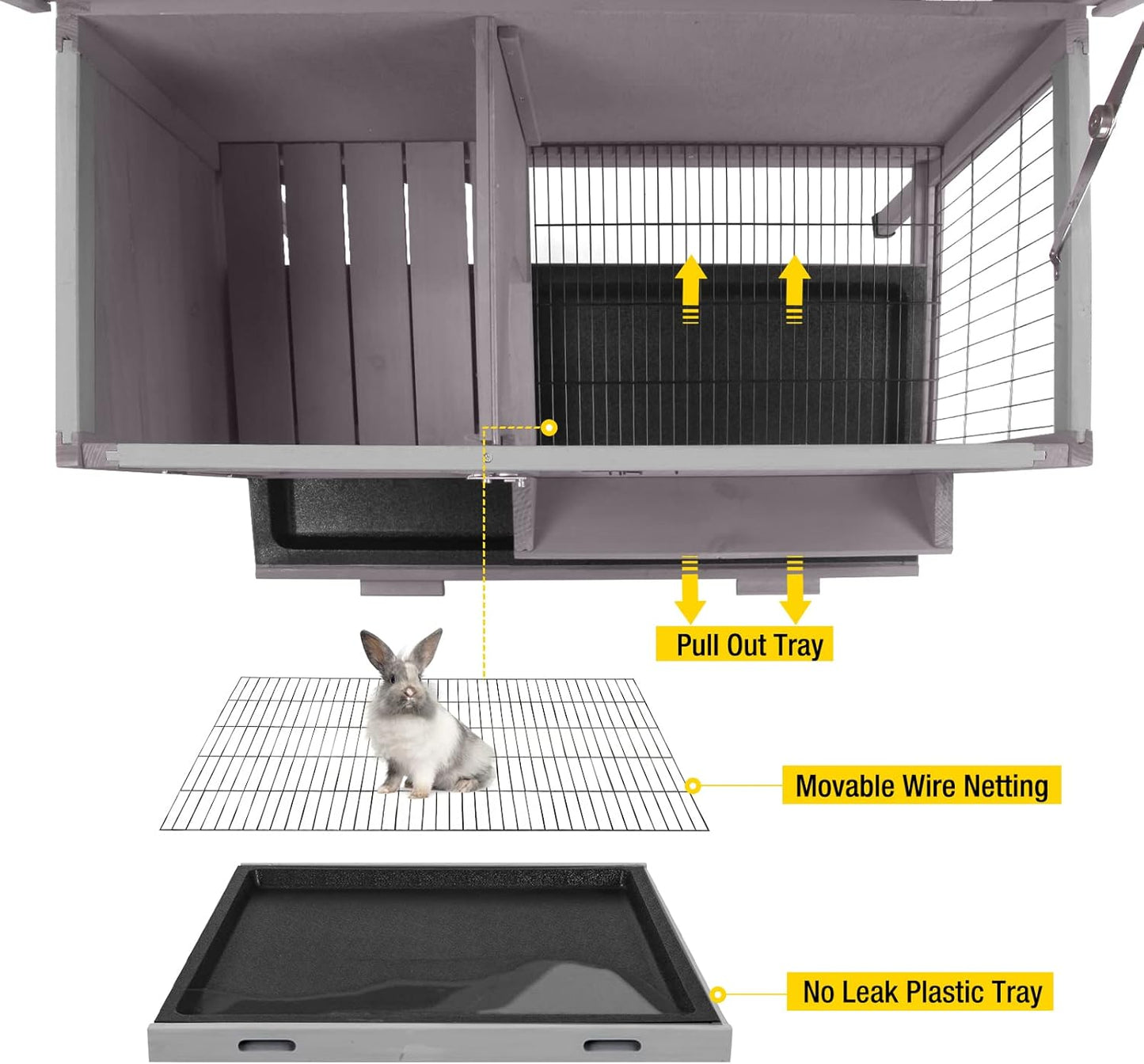 Aivituvin Outdoor Rabbit Hutch, Wooden Bunny Cages Indoor with Deeper Leakproof Tray - Upgrade with Metal Wire Pan