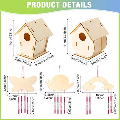 30 Pcs Crafts DIY Bird House Wind Chime Kit Unfinished Wood Birdhouse Kits 12 Wooden Birdhouses & 18 Wind Chimes Build and Paint Birdhouses Bulk Crafts Set
