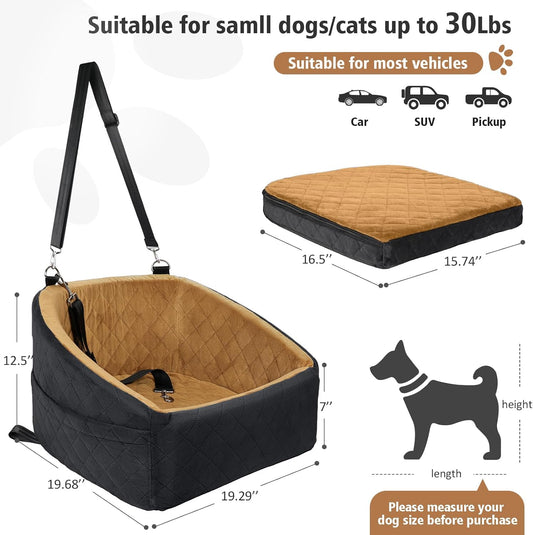 Dog Car Seat for Small Medium Dogs,Detachable Washable Dog Booster Seat Under 30lbs, Pet Car Seat Travel Bed with Storage Pockets and Dog Safety Belt(Black/Brown) - Pawvie