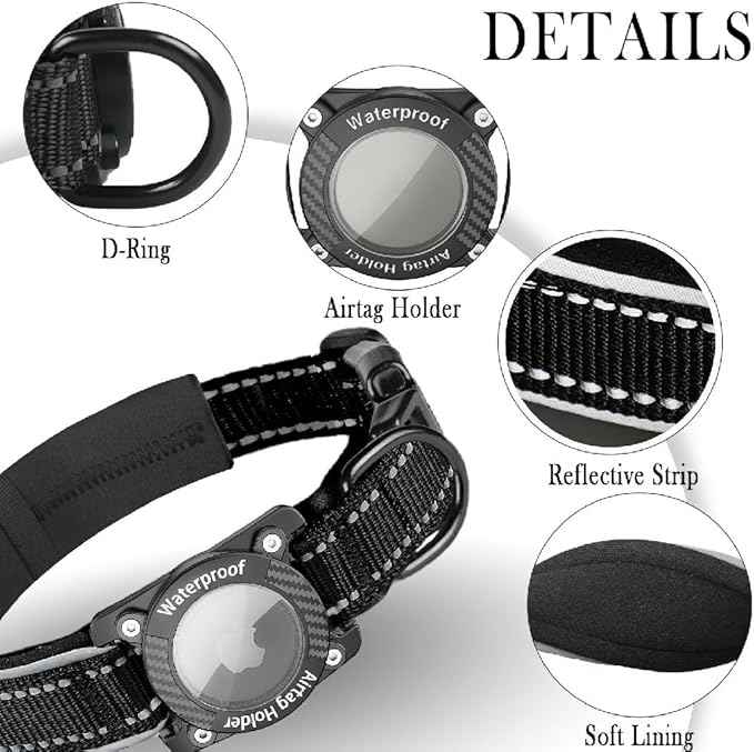 Upgraded AirTag Dog Collar, IP68 Waterproof Dog Collar with Apple Air Tag Holder, Reflective Adjustable Heavy Duty Dog Collars with Soft Padded for Small, Medium and Large Dogs,Black, XL