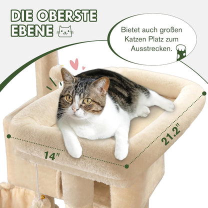 MUTICOR 66 Inches Multi-Level Large Cat Tree Tower for Indoor Big Feline/Cozy Plush Perches/Condo/Sisal Scratching Posts/Hammock and Baskets/Activity Center Play House/Wide Base/Beige