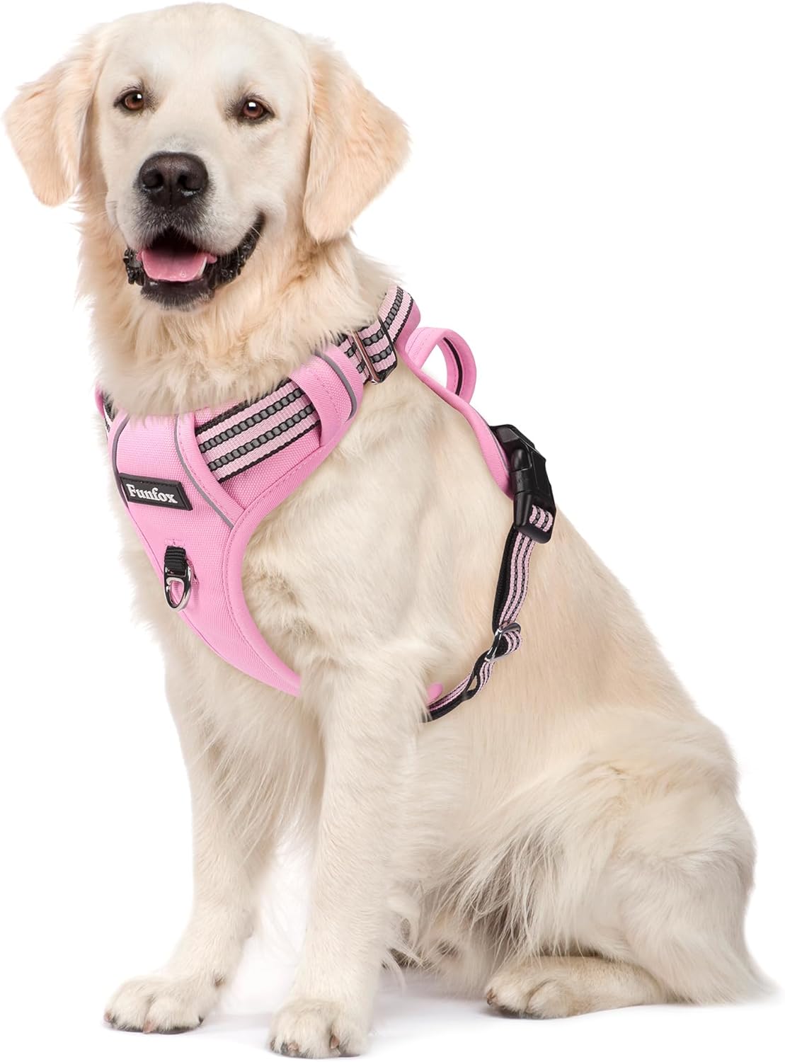 Funfox Dog Harness No Pull, Adjustable Pet Vest Harness, Super Soft Material with Vertical Handle Easy Control, Reflective Night Walking, 2 Leash Clips for Large Dogs, Pink, L