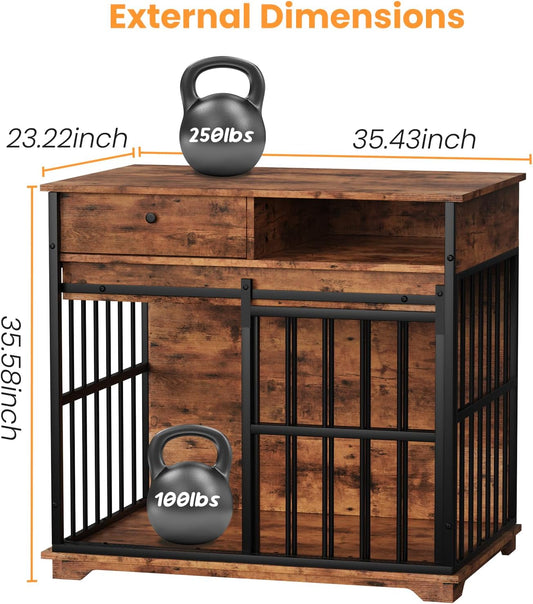 35.5" Dog Crate Furniture, Wooden Dog Crate Furniture for Medium Small Dogs, Wooden Dog Kennel End Table with Drawer and Open Shelves, Sliding Door Dog Kennel Furniture