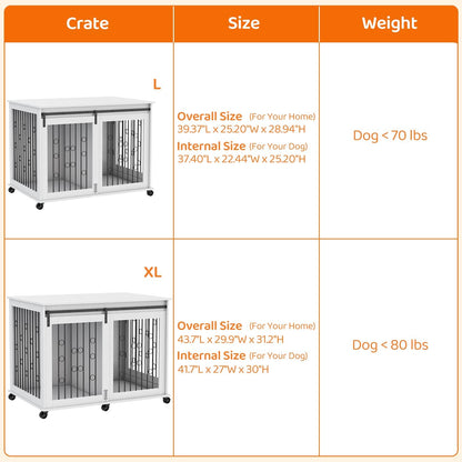 IchbinGo Large Dog Crate Furniture with Sliding Barn Door, 43.7" Wooden Dog Kennel End Table with Wheels and Flip-top Plate Dog House with Detachable Divider for Small/Medium/Large Dog (White)