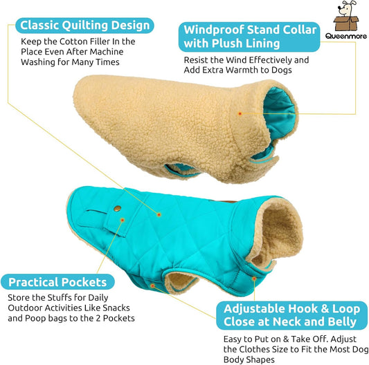 Queenmore Warm Dog Coat, Cold Weather Puffer Dog Coat Vest, Quilting Winter Pet Jacket Ultra Thick Plush Fleece Lining Pet Clothes for Dogs with Storage Pockets (Light Blue, Medium)