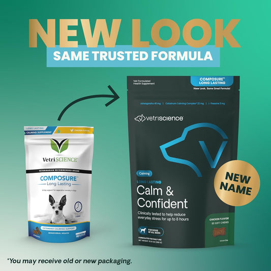 VetriScience Long Lasting Calm & Confident Calming Chews for Dogs, Supplement for Stress Support, Thunderstorms, Fireworks, & Travel, Chicken, Soft Chews, 90 Count - New Look