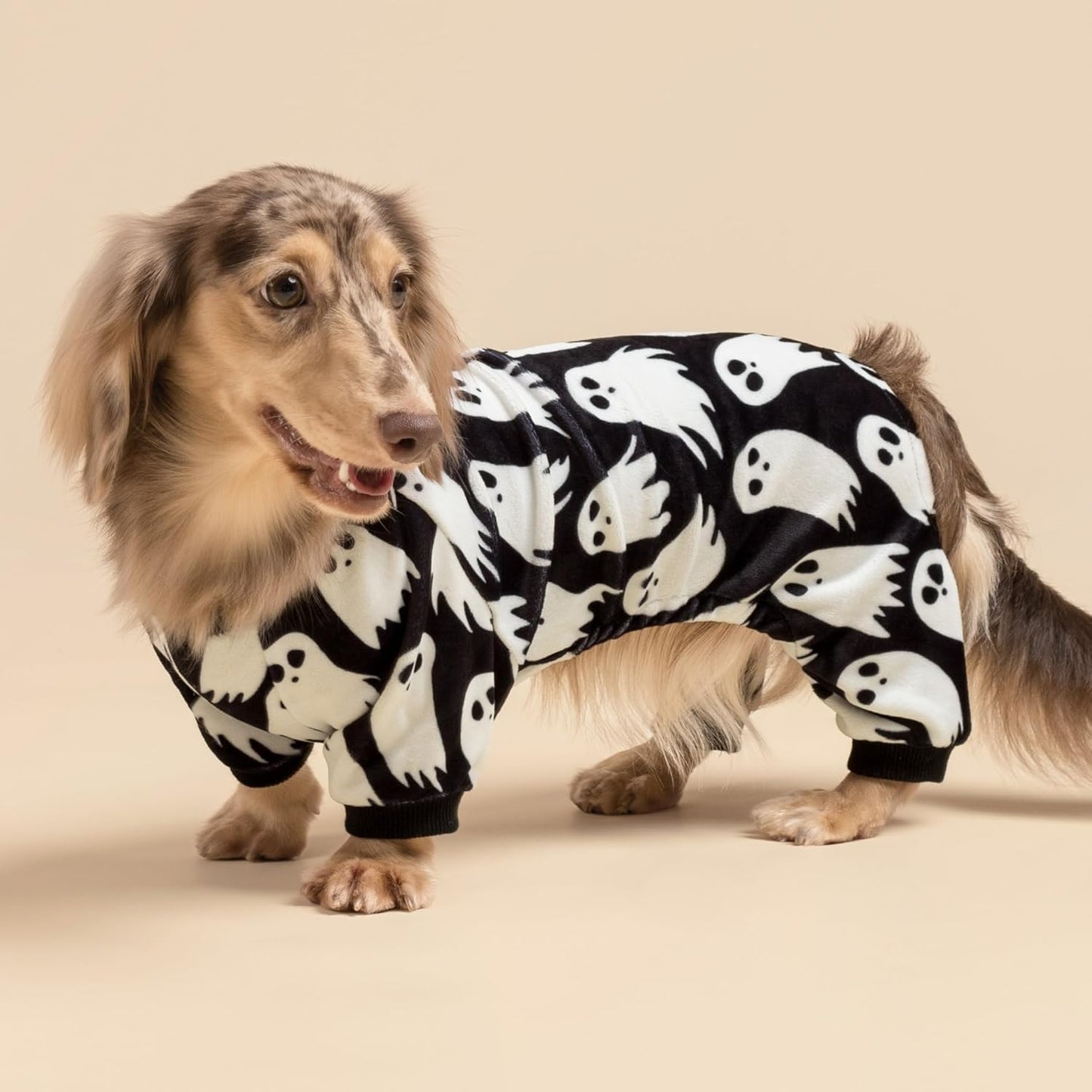 Fitwarm Halloween Ghost Dog Pajamas, Funny Halloween Costumes for Dogs, Fleece Dog Onesie with Feet, Doggy Clothes for Small Dogs Boy Girl, Pet Apparel, Black, White, XXL