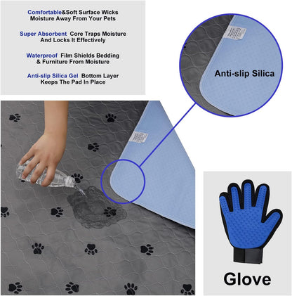 Washable Pee Pads for Dogs + Free Puppy Grooming Gloves/Quilted, Fast Absorbing Machine Washable Dog Whelping Pad/Waterproof Puppy Training Pad/Housebreaking Absorption Pads
