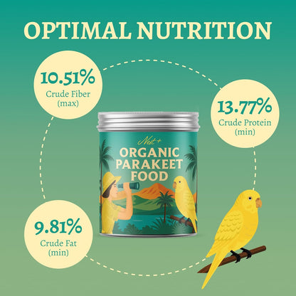 100% Organic Parakeet Food – Premium Bird Seed Mix with Oat Groats, Buckwheat, Amaranth, Super Veggies & Seeds – Reusable Tin + Stainless-Steel Scooper – Made in USA, Human Grade Ingredients (1lb)