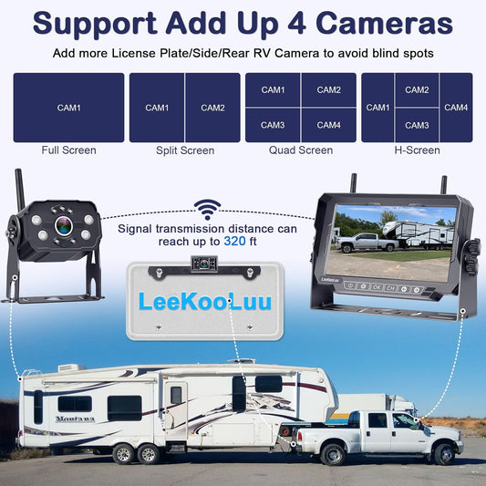 Dual RV Backup Cameras Wireless - Ease Install Plug-Play Recording HD 1080P 7'' Touch Key Monitor Trailer Truck Rear View Cam Night Vision Signal No-Delay 4 Channels for Furrion Pre-Wired Mount