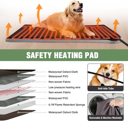 Heated Dog House Outdoor with Insulated Liner in Winter, Weatherproof Puppy Kennel with Anti-Chewing Metal Frame, Dog Shelter for Large, Medium and Small Dogs (Brown, 50.9'' Large)