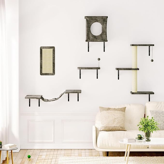 10-in-1 Cat Wall Shelves, Wooden Cat Climbing Wall with Scratching Post, Cat Wall Mounted Furniture for Climbers, Space-Saving Cat Wall for Play & Rest, Drywall & Solid Walls