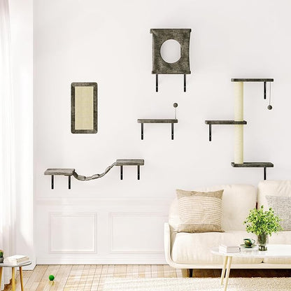 10-in-1 Cat Wall Shelves, Wooden Cat Climbing Wall with Scratching Post, Cat Wall Mounted Furniture for Climbers, Space-Saving Cat Wall for Play & Rest, Drywall & Solid Walls