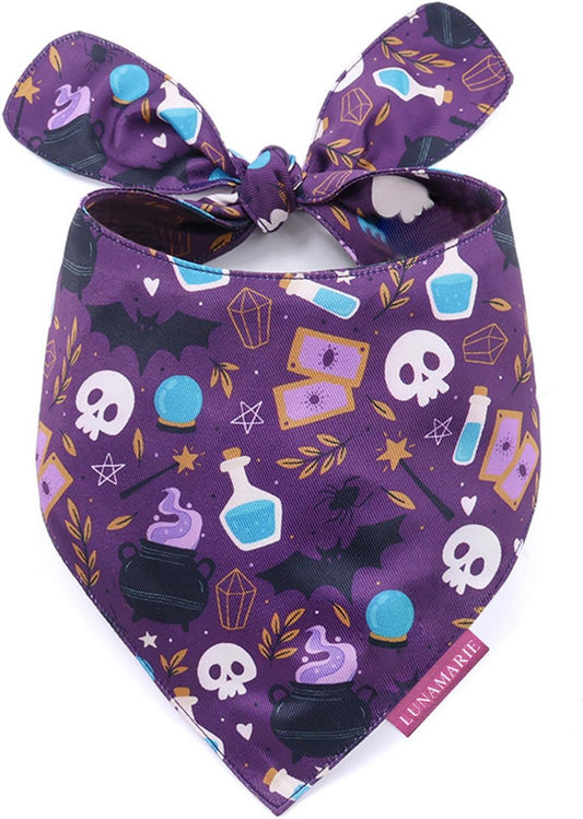 LunaMarie - Luxury Dog Bandanas - Cute Witch Magic Design | Premium & Silky Fabric | 100% Handmade | Custom Shape Dual Layered Reversible Small, Medium, Large Cat Scarf (Bewitched, Medium)