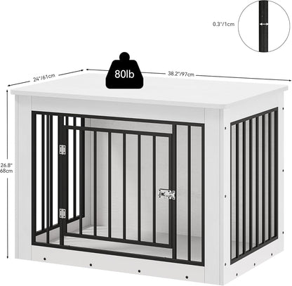 YITAHOME 38.2" L Dog Crate Furniture for Large Dogs, 2-in-1 Iron-Wood Fusion Dog cage Indoor up to 60 lb, Side End Table, Modern Dogs Kennel with Waterproof Top, Safety Corners,Steel Lock,White