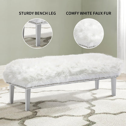 46 Inch White Bedroom Bench, Modern Multi-Purpose Bench with Wooden Legs, White Faux Fur Upholstered Bench for Bedroom, Living Room, or Entryway
