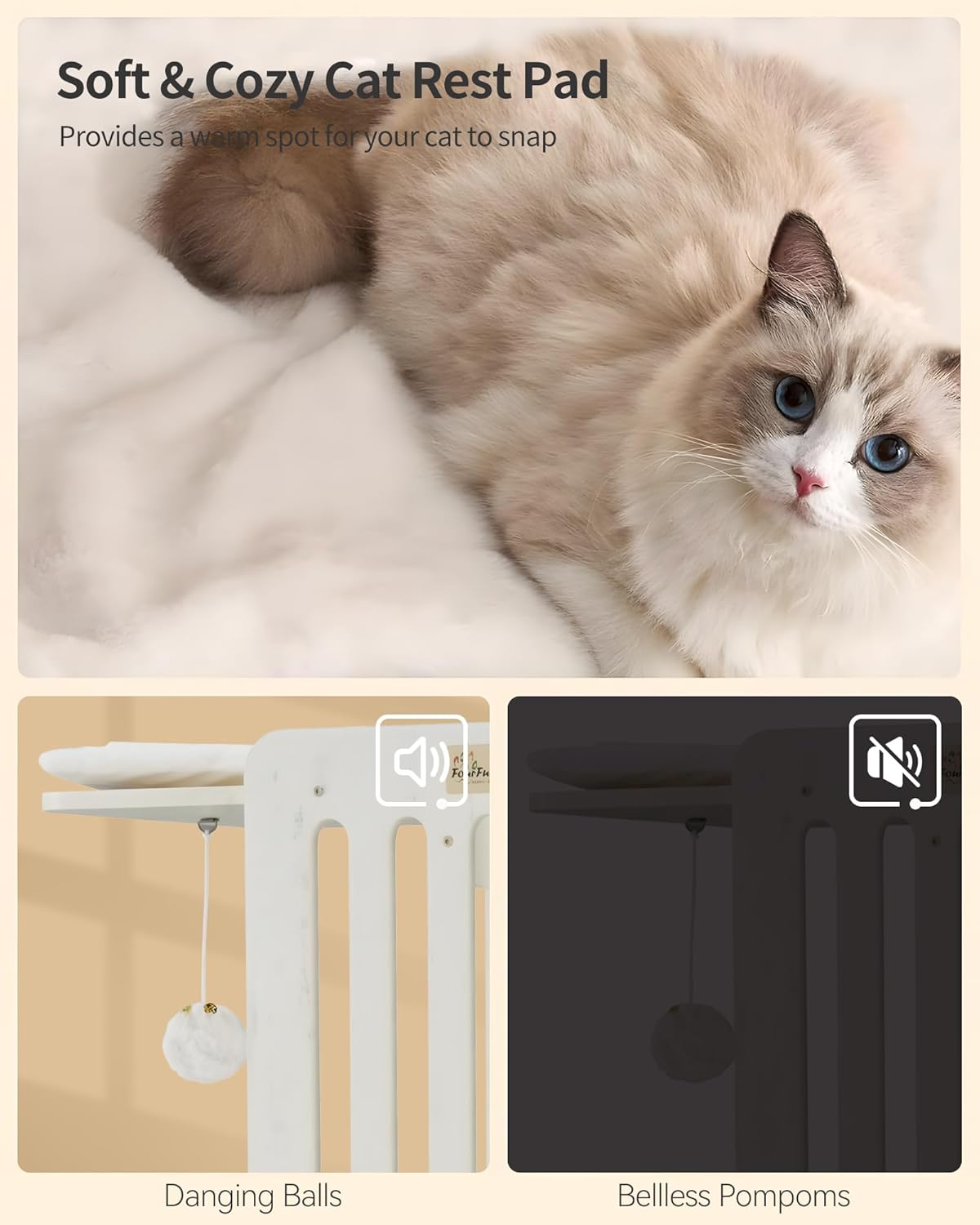 FourFurPets Modern Cat Tree, 58-Inch Cat Tower for Large Cats, Maine Coon Cat Tree with Scratching Board, Large Perch, Hammock and Removable Pads, White