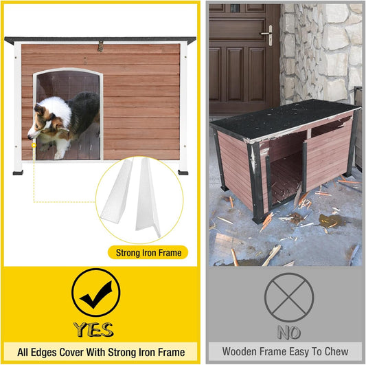 Dog House Outdoor & Indoor Wooden Dog Kennel for Winter with Raised Feet Weatherproof for Small & Medium & Large Dogs,Unique All-Around Iron Frame,Light Brown