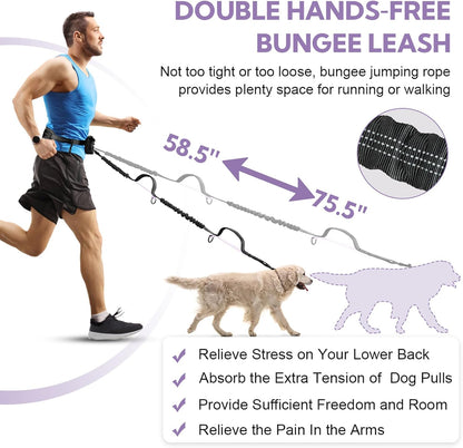 Hands Free Dog Leash, Shcok Abosoring Bungee with Double Padded Handles, Waist Leash for Dog Walking, Dog Leash with Bungee for Medium & Large Dog, Dog Walking Accessories, Black Purple
