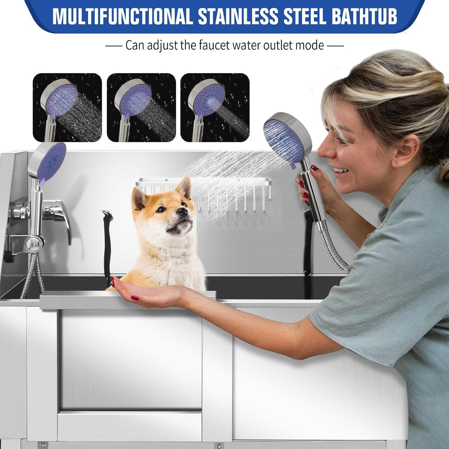 Professional Stainless Steel Dog Bathing Station, Dog Grooming Tub, with Stairs, Floor Grate & Faucet for Dog Bathtub for Large, Medium & Small Pets,34" L-RAMP