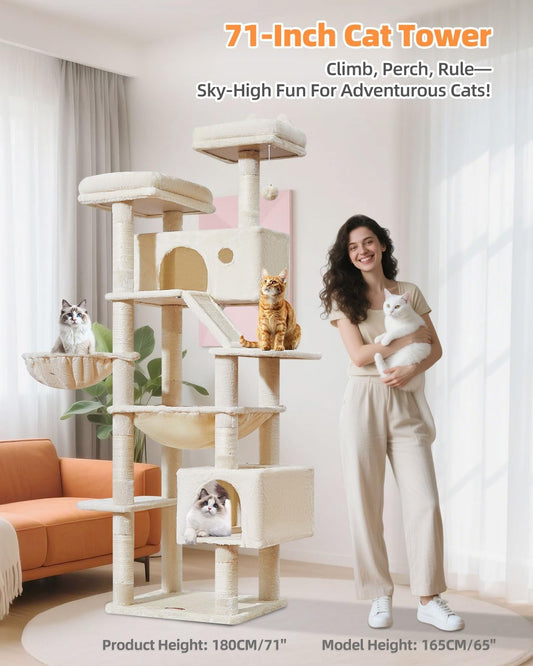 Taoqimiao Cat Tree 71-Inch, Cat Tower for Indoor Cats Large Adult, Multi-Level Large Cat Condo, 8 Sisal Scratching Posts, Metal Frame Cozy Hammock, Scratch Board, 2 Top Perches, Beige MS026LM