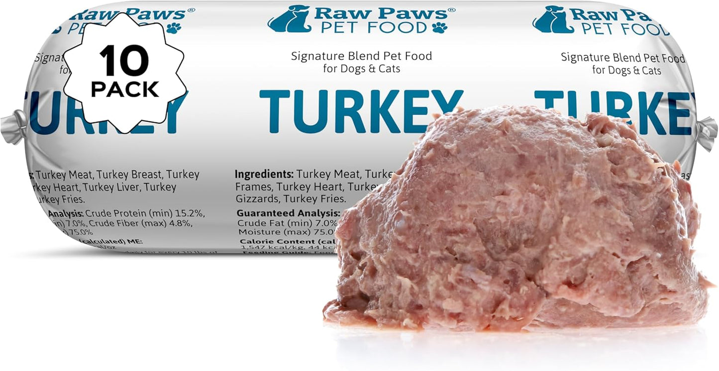 Raw Paws Signature Blend Pet Food for Dogs & Cats - Turkey Recipe, 1-lb Rolls (10 Pack) - Made in USA Frozen Turkey Roll Dog Food - Refrigerated Log Dog Food - Raw Frozen Food for Dogs