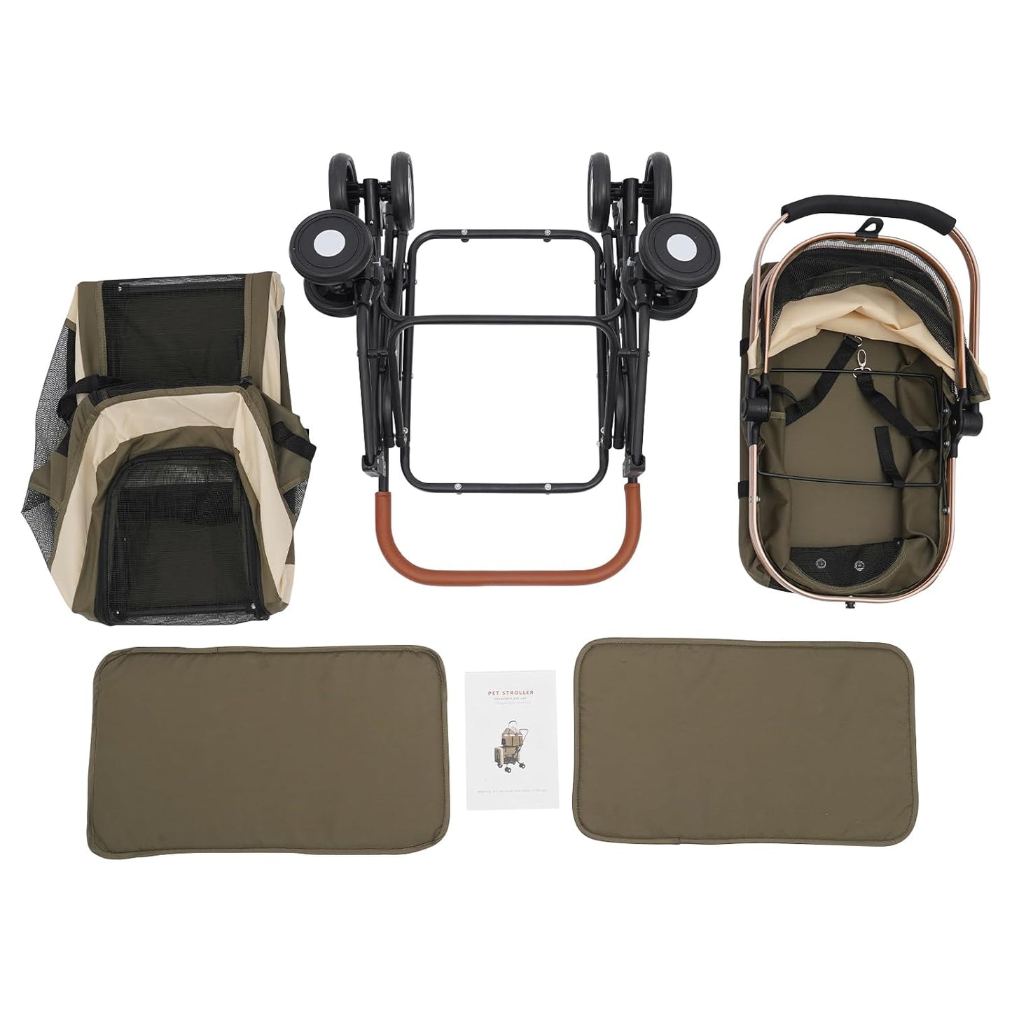 Foldable Pet Stroller for Small & Medium Dogs, Double Dog & Cat Stroller with 3-in-1 Travel System, Detachable Pet Carrier with Wheels for Cats and Dogs up to 77 lbs, Dark Green - Pawvie