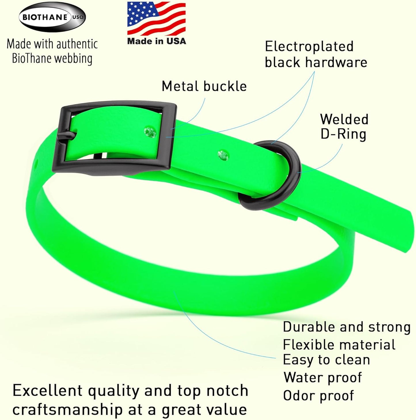 Dogline Biothane Waterproof Dog Collar Strong Coated Nylon Webbing with Black Hardware Odor- Proof for Easy Care Easy to Clean High Performance Fits Small Medium or Large Dogs, Tropical Green