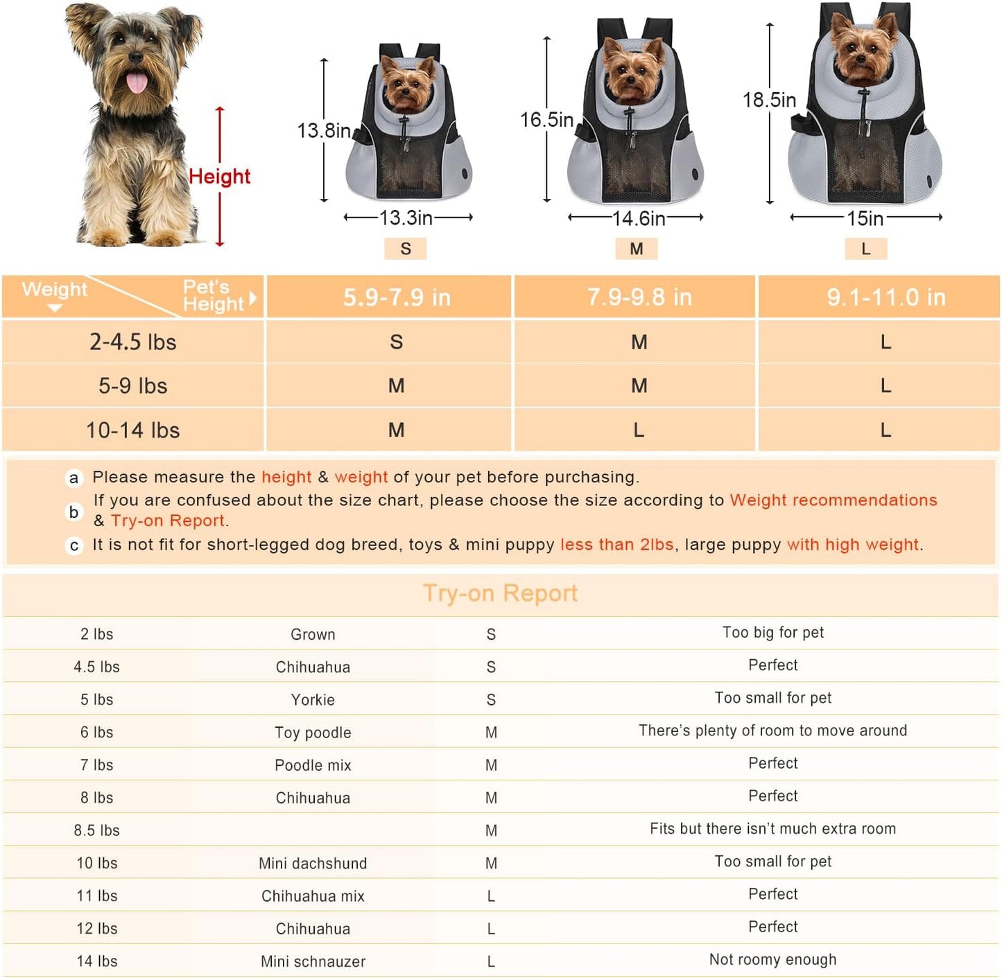 WOYYHO Pet Dog Carrier Backpack Small Dog Front Backpack Ventilated Mesh Dog Travel Back Pack with Safety Belt for Travel Hiking Cycling Outdoor Use (L (10-14 lbs), Grey)