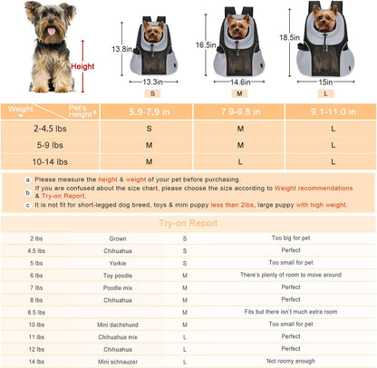 WOYYHO Pet Dog Carrier Backpack Small Dog Front Backpack Ventilated Mesh Dog Travel Back Pack with Safety Belt for Travel Hiking Cycling Outdoor Use (L (10-14 lbs), Grey)