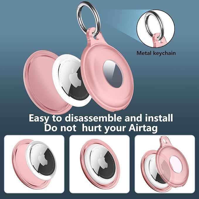 4 Pack IPX8 Waterproof Compatible with AirTag Keychain Holder Case, Lightweight, Anti-Scratch, Easy Installation,Soft Full-Body Shockproof for Luggage,Keys, Dog Collar (Pink/Clear/Red/Purple)