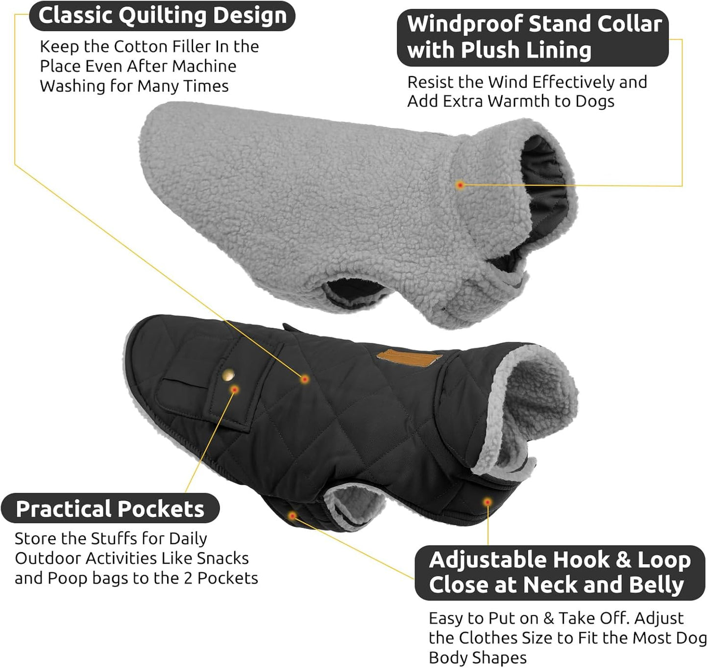 Queenmore Dog Winter Coat Warm Puffer Jacket Waterproof Plush Lining Thermal Cold Weather Vest for Small Medium Large Dogs, Windproof Easy On Pet Jacket Black M