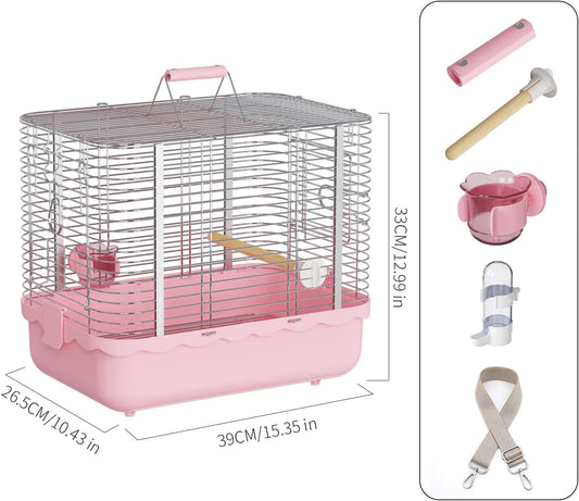 Bird Carrier Travel Cage, Durable Portable Stainless Steel Birdcage with Bird Perch & Feeding Bowl for Parrots Canaries Budgies Lovebirds Conures Cockatiels (Large Pink)