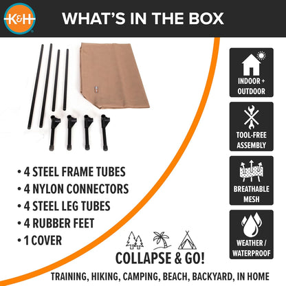 K&H Pet Products Cooling Elevated Dog Bed, Outdoor Raised Cot with Waterproof Breathable Mesh for Medium Dogs, Portable Place Bed with Heavy-Duty Metal Frame & Hammock Style Cover - Medium Tan