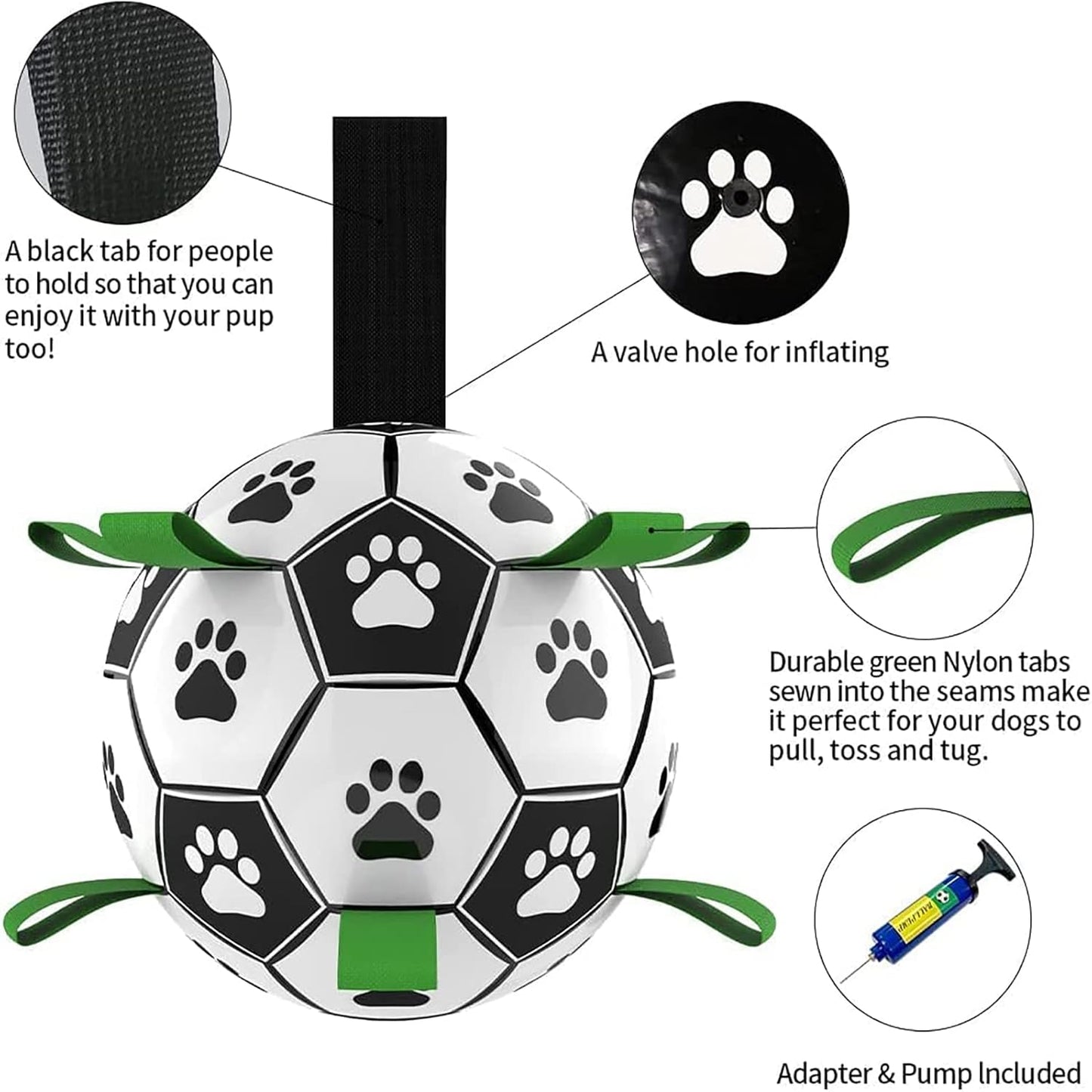 QDAN Dog Toys, Soccer Ball with Straps, World Cup Interactive Toys for Tug of War, Puppy Birthday Gifts, Water Toy, Durable Dog Balls for Medium Large (8 Inch)